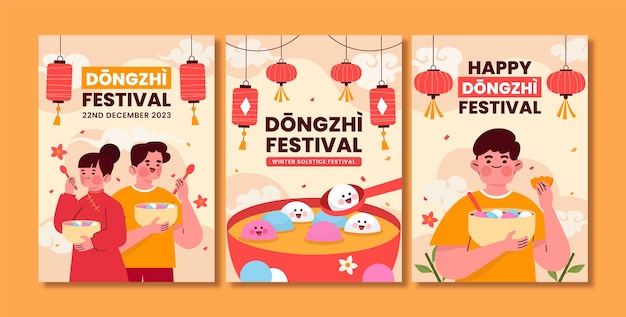 Coleção de postagens do instagram do festival dongzhi flat com pessoas comendo e lanternas