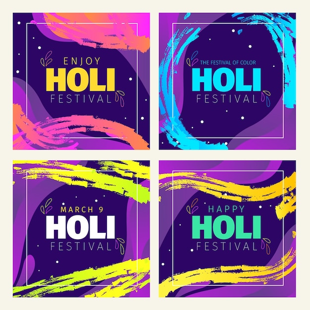 Coleção de postagens do instagram do festival holi desenhada à mão