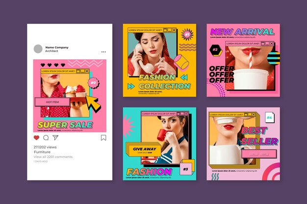 Coleção de postagens do instagram do vaporwave linear