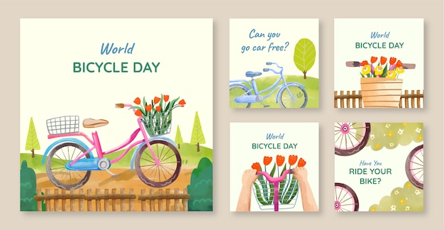 Vetor grátis coleção de postagens do instagram em aquarela para a celebração do dia mundial da bicicleta