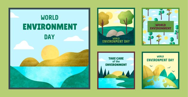 Coleção de postagens do instagram em aquarela para celebração do dia mundial do meio ambiente