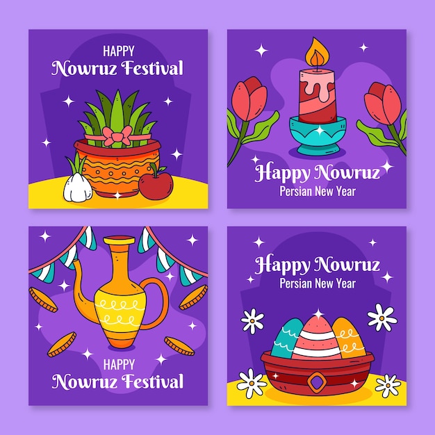 Coleção de postagens do instagram feliz nowruz desenhada à mão