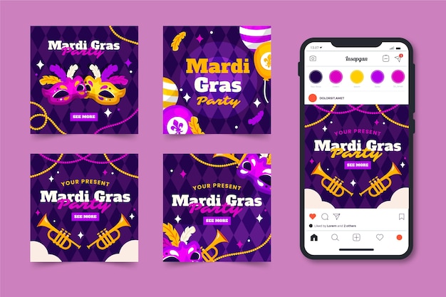 Vetor grátis coleção de postagens do instagram flat mardi gras