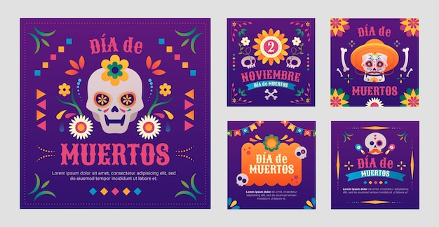 Vetor grátis coleção de postagens do instagram gradiente dia de muertos