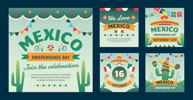 Vetor grátis coleção de postagens do instagram gradiente para celebração da independência do méxico