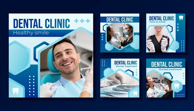 Coleção de postagens do instagram gradiente para negócios de clínica odontológica