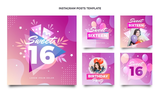 Coleção de postagens do instagram gradiente sweet 16