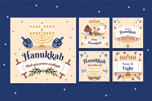 Vetor grátis coleção de postagens do instagram hanukkah desenhada à mão