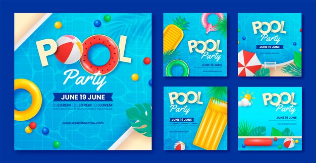 Coleção de postagens do instagram para festa na piscina