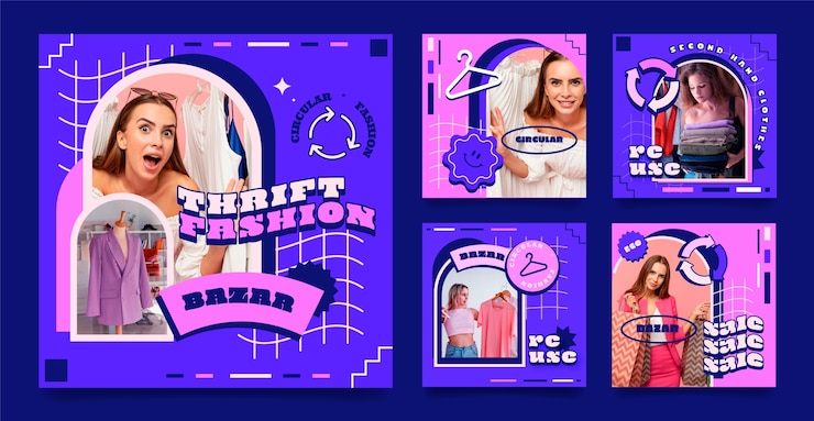 Vetor grátis coleção de postagens do instagram para loja de moda de segunda mão