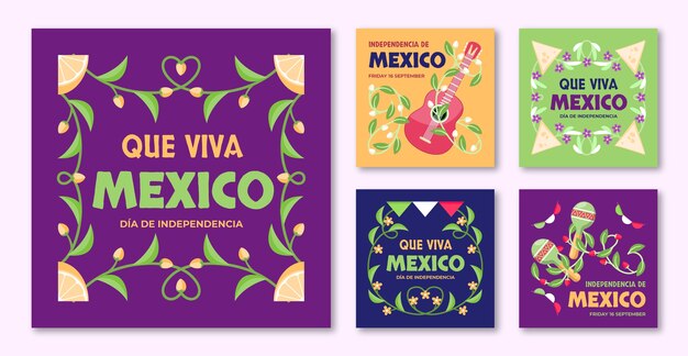 Coleção de postagens do instagram plana para celebração da independência do méxico