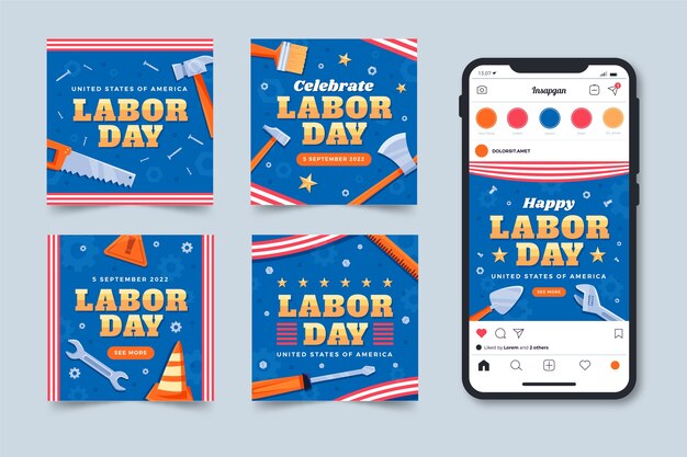 Coleção de postagens do instagram plana para celebração do dia do trabalho