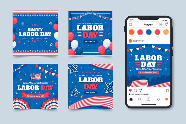 Coleção de postagens do instagram plana para celebração do dia do trabalho