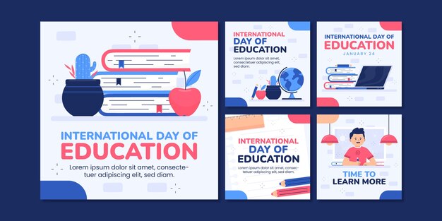 Coleção de postagens do instagram plana para celebração do dia internacional da educação