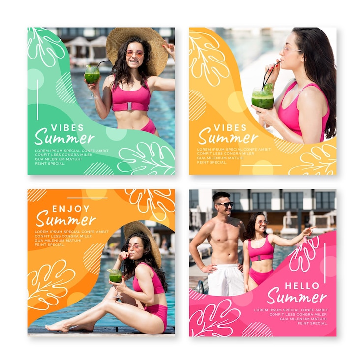 Vetor grátis coleção de postagens do instagram plano de verão com foto
