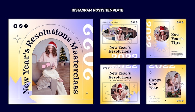 Coleção de postagens instagram de gradiente de ano novo