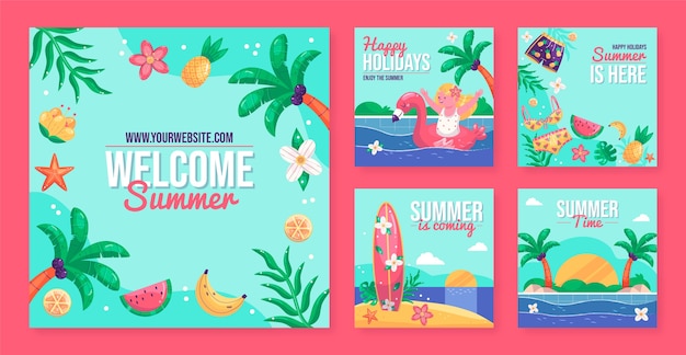 Vetor grátis coleção de postagens instagram de verão plano
