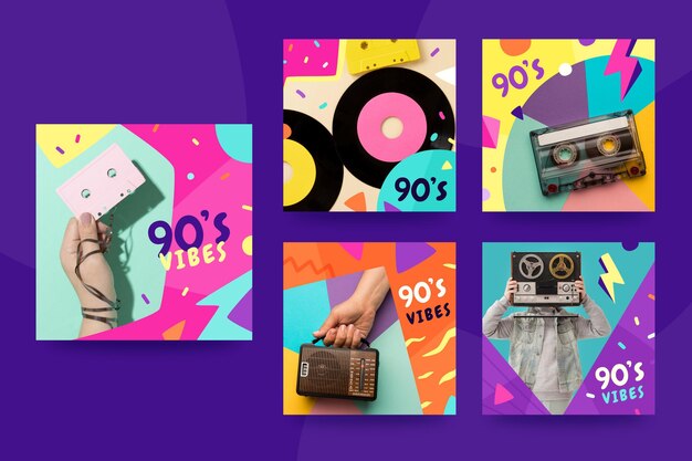 Coleção de postagens instagram nostálgicas desenhadas à mão dos anos 90