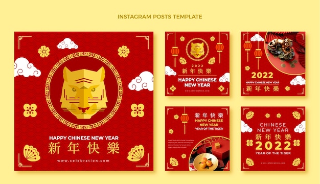 Vetor grátis coleção de postagens instagram planas do ano novo chinês