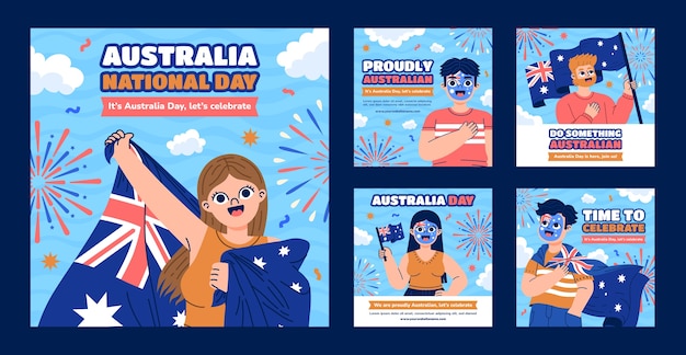 Vetor grátis coleção de postagens no instagram para a celebração do dia nacional da austrália