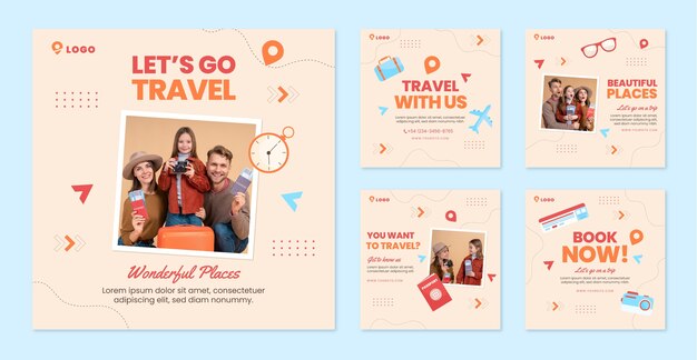 Coleção de postagens planas do instagram para agência de viagens