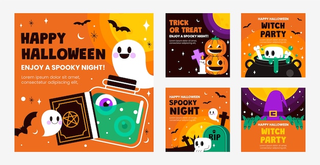 Vetor grátis coleção de postagens planas do instagram para celebração de halloween