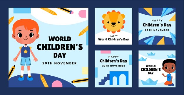 Coleção de postagens planas do instagram para celebração do dia mundial da criança com crianças brincando