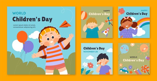 Coleção de postagens planas do instagram para celebração do dia mundial da criança com crianças brincando