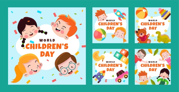 Coleção de postagens planas do instagram para celebração do dia mundial da criança com crianças brincando