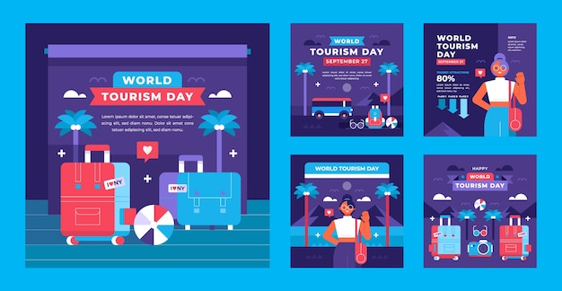 Vetor grátis coleção de postagens planas do instagram para celebração do dia mundial do turismo