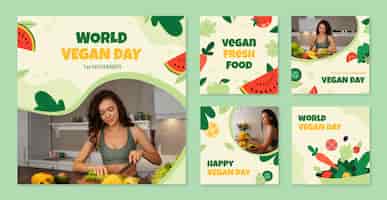 Vetor grátis coleção de postagens planas do instagram para celebração do dia vegano mundial