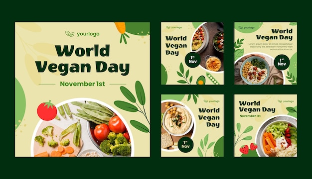 Vetor grátis coleção de postagens planas do instagram para celebração do dia vegano mundial