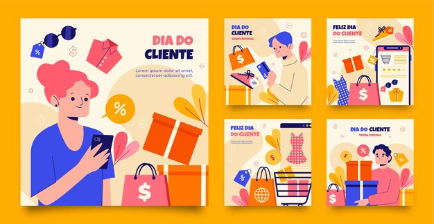 Coleção de postagens planas do instagram para dia do cliente