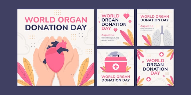 Coleção de postagens planas do instagram para o dia mundial da doação de órgãos