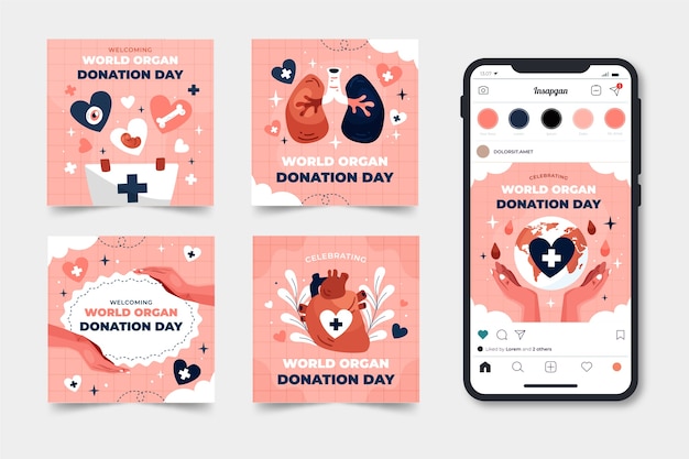 Coleção de postagens planas do instagram para o dia mundial da doação de órgãos