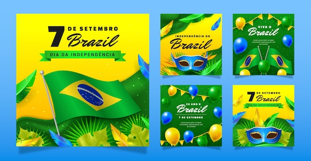 Vetor grátis coleção de postagens realistas no instagram para a celebração do dia da independência do brasil