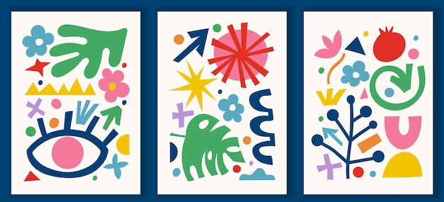 Coleção de pôsteres de arte contemporânea em cores vibrantes. elementos geométricos modernos abstratos e formas de corte orgânicas e de papel, objetos de doodle. ótimo design para mídia social, cartões postais, impressão.