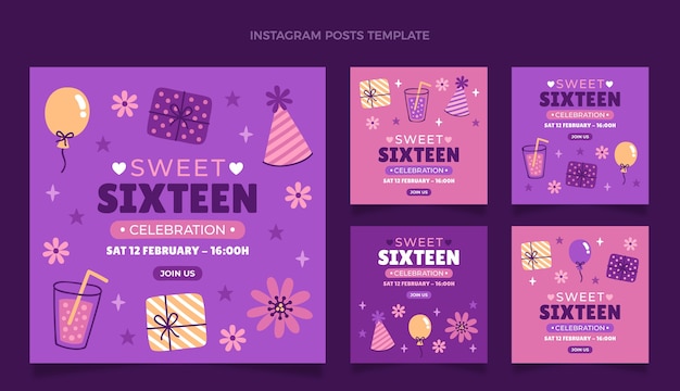 Coleção de posts do instagram de 16 doces desenhados à mão