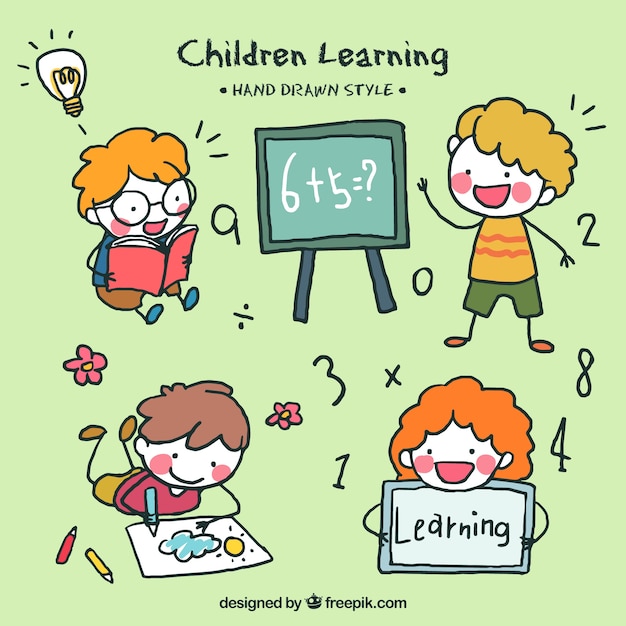Coleção de quatro filhos desenhados à mão aprendizagem