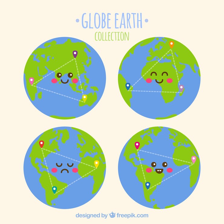 Vetor grátis coleção de quatro globos de terra de sorriso