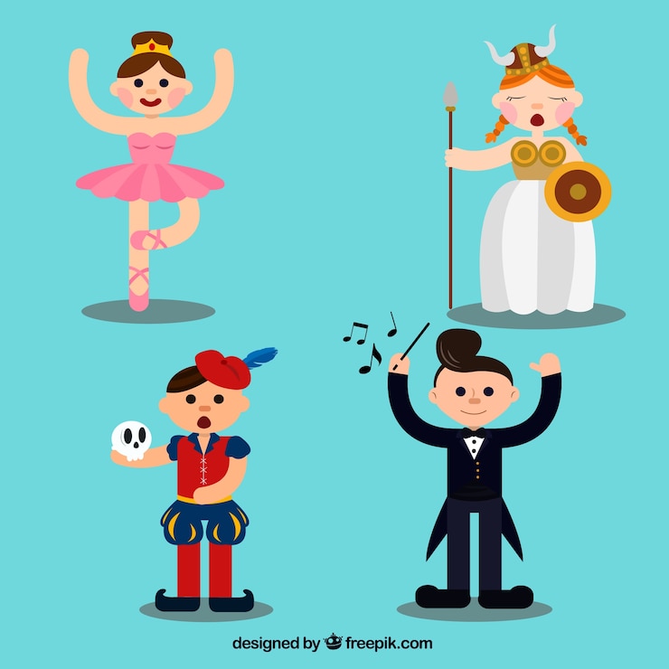 Vetor grátis coleção de quatro personagens do teatro