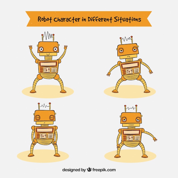 Vetor grátis coleção de robô desenhada a mão com diferentes poses