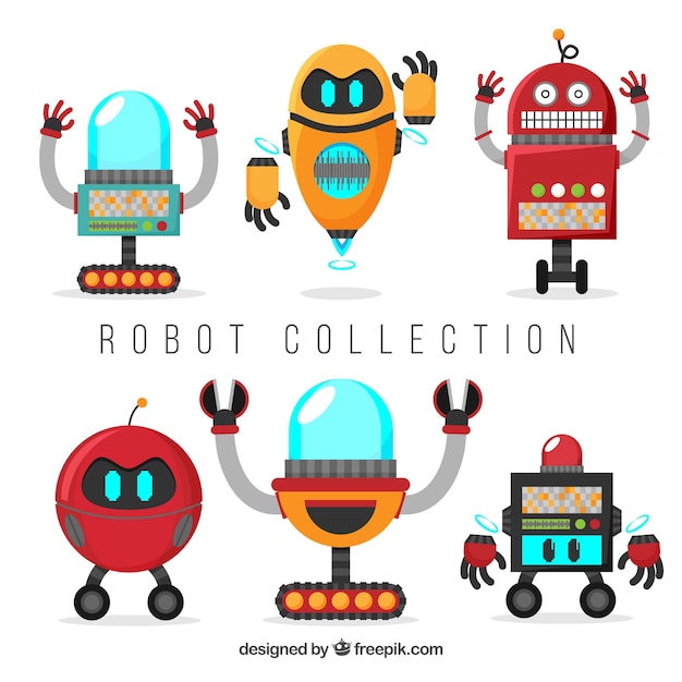 Coleção de robôs coloridos desenhados a mão