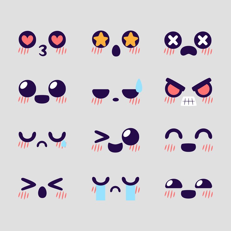 Vetor grátis coleção de rosto kawaii de design plano desenhado à mão