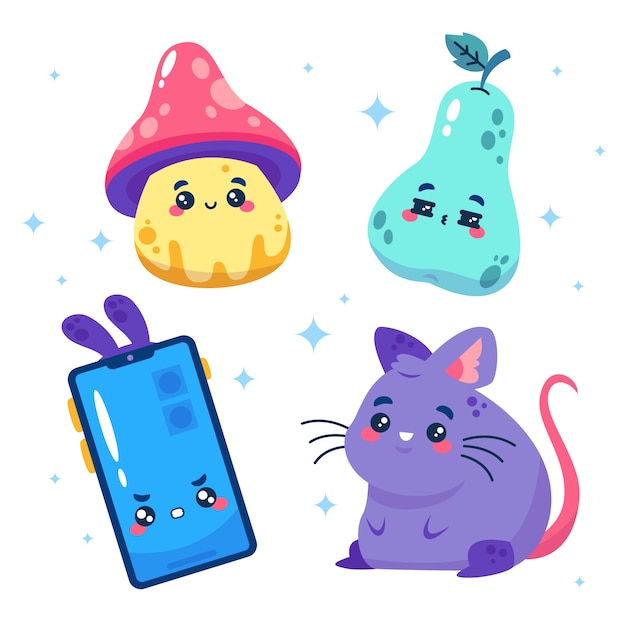 Vetor grátis coleção de rosto kawaii de design plano desenhado à mão