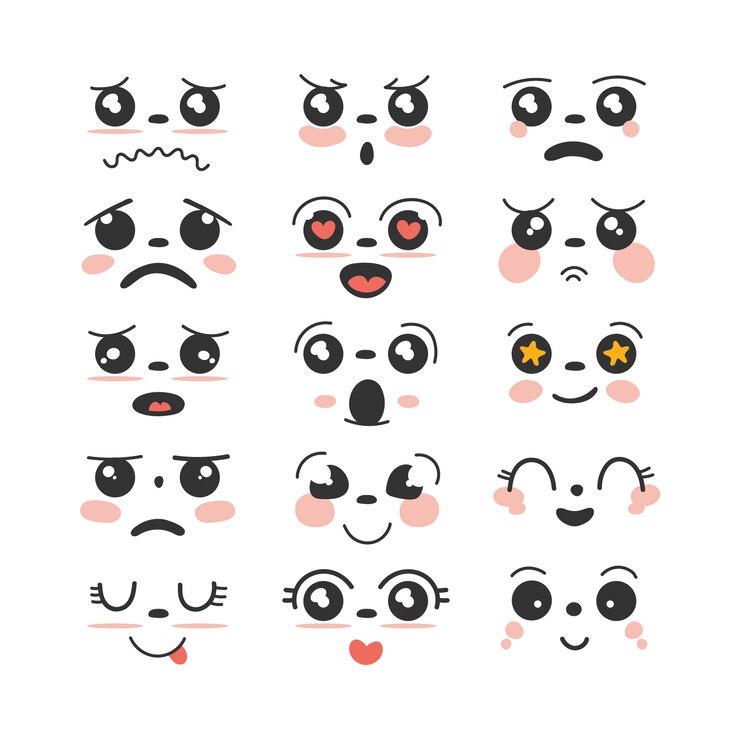 Vetor grátis coleção de rosto kawaii de design plano desenhado à mão
