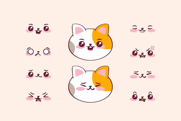 Vetor grátis coleção de rostos kawaii desenhados à mão