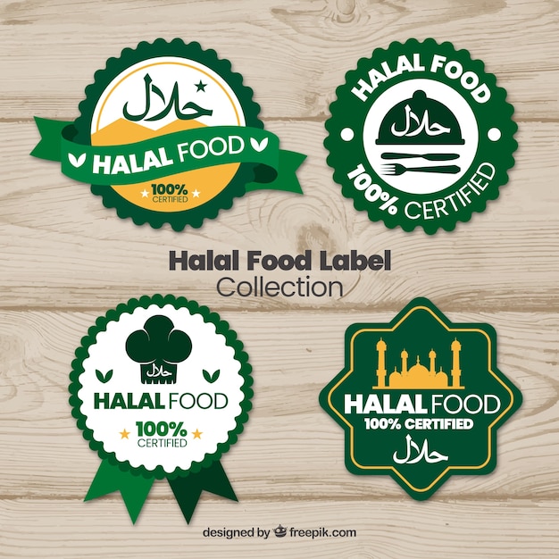 Vetor grátis coleção de rótulo de comida halal com design plano