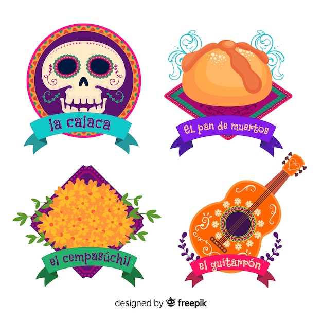 Coleção de rótulo de dia de muertos de design plano