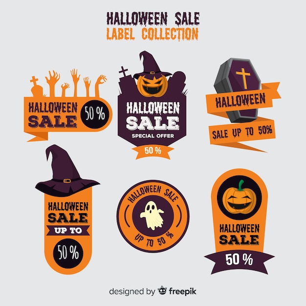 Coleção de rótulo de venda de halloween com design plano